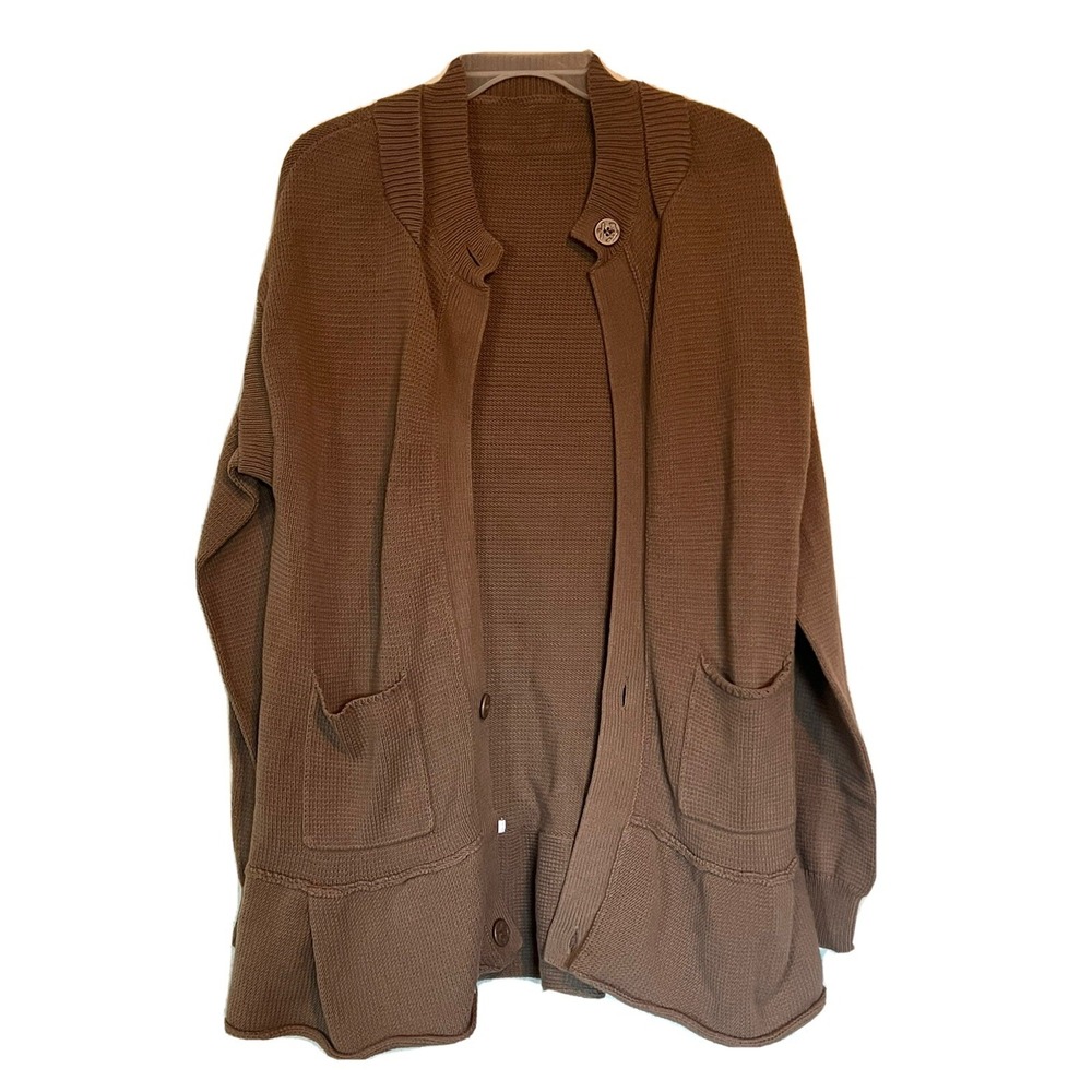 360 Sweater Womens Brown Knit Ruffle Hem Cardigan Button Up Size M‎